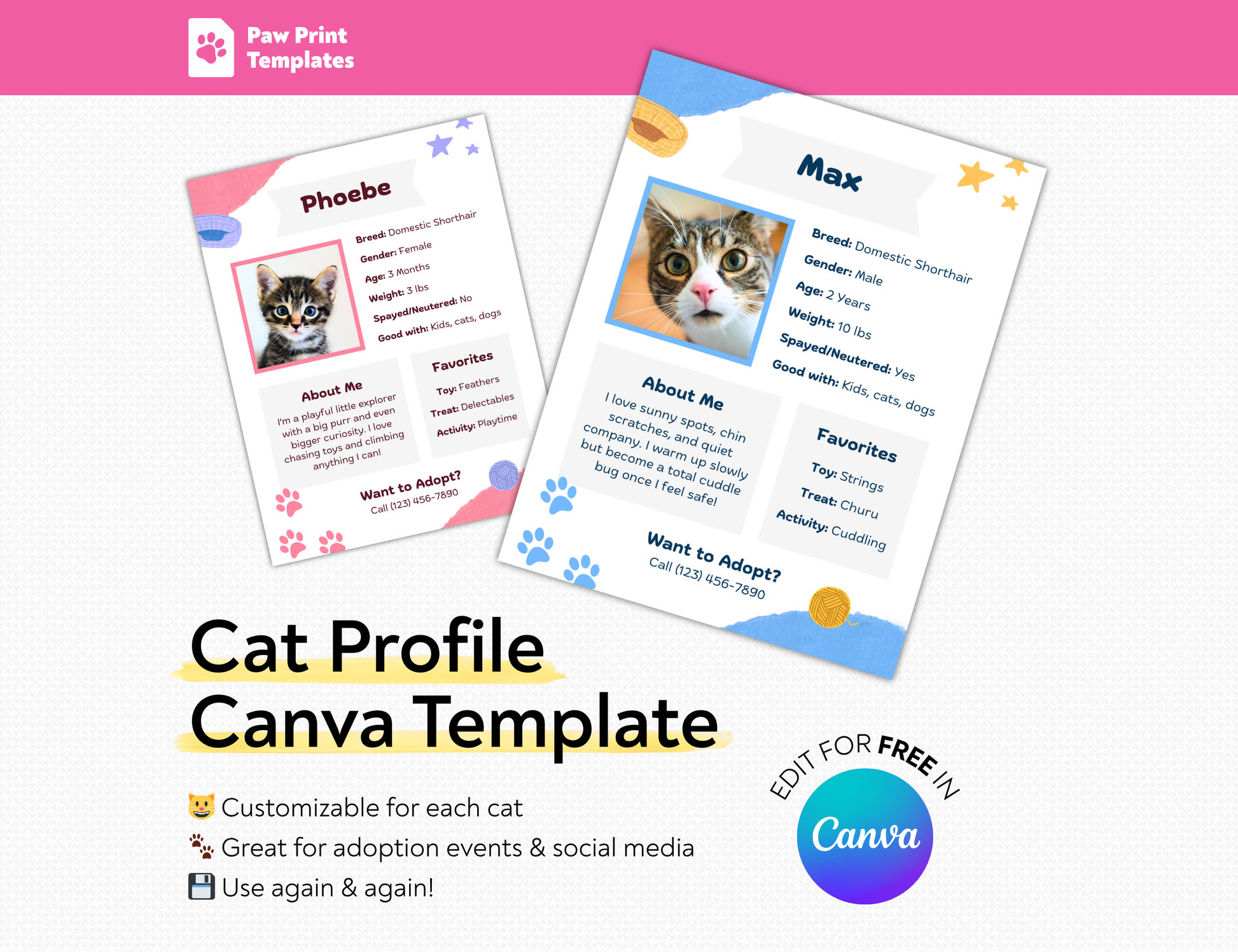 Cat profile Canva template with two examples on a white background.