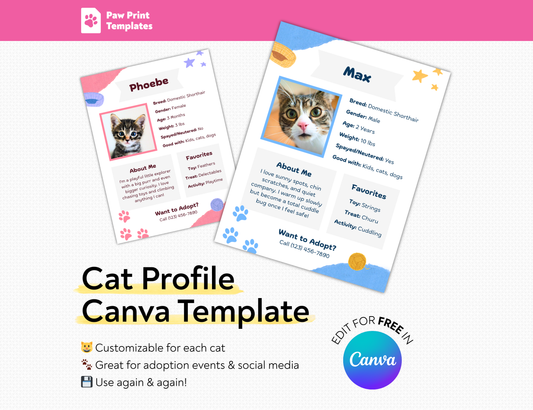 Cat profile Canva template with two examples on a white background.