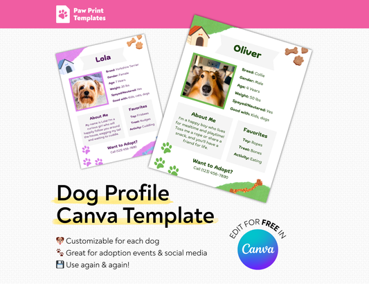 Dog profile Canva template with two examples on a white background