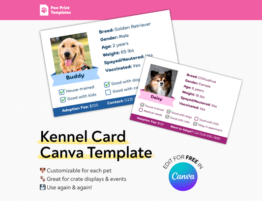 Kennel Card Canva Template with two sample cards on a white background.